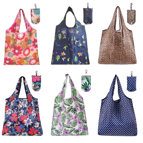 6 Pcs Reusable Shopping Bags Foldable,Grocery Bags in Pocket,Waterproof and Machine Washable,Eco-friendly Travel Recycle Polyester Tote Bags for Daily Shopping Supplies load