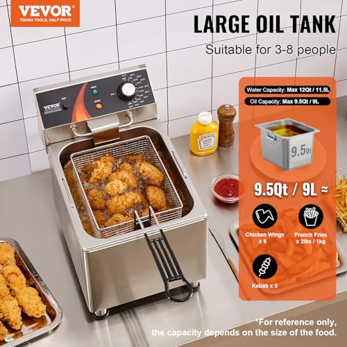 VEVOR Commercial Deep Fryer, 1750W Electric Countertop Fryer with Basket & Height-Adjustable Feet, 12Qt / 11.5L Stainless Steel Single Oil Fryer, Temp Control, Overheat Protection, for Restaurant Use - size: Single Fryer, style: Deep Fryer