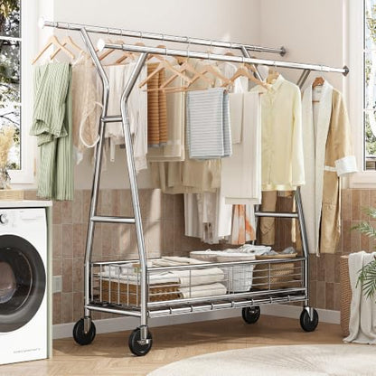 Raybee 630LBS Rolling Clothes Rack, Extendable 42-65" W Clothing Rack - color: Chrome, style: Double Rods