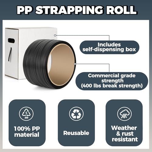 PP Strapping Banding Roll - 1000ft x ½’’ Standard PP Strappings Roll - Banding & Pallet Strap Kit - 400lb Break Strength - Includes Strapping Rolls & Self-Dispensing Box