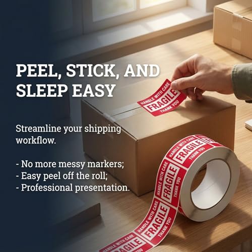 3” X 2” Fragile Handle with Care Warning Stickers, Fragile Tape for Packing and Shipping, Permanent Adhesive Labels 500 Per Roll (1 Pack)