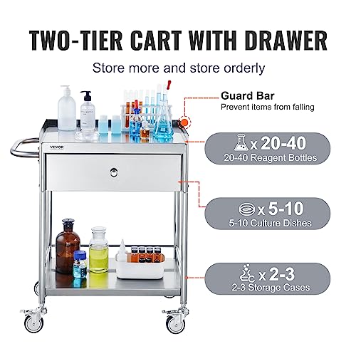 VEVOR Stainless Steel Utility Cart with Wheels - Medical/Dental Lab Cart - 2 Shelves/1 Drawer - style: Catering Cart
