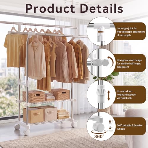 RORA Clothes Rack, Double Rod Rolling Clothing Racks for Hanging Clothes