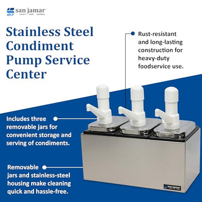 San Jamar CFS Jamar P9713 Stainless Steel Condiment Pump Service Center with 3 Wells Black Jars, 14" Length x 7-7/8" Width x 12-1/2" Height - style: 3 Pumps