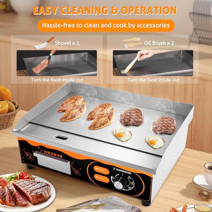 WICHEMI Electric Grill Commercial Griddle Flat Top Grill Teppanyaki Grill - color: Black+Orange