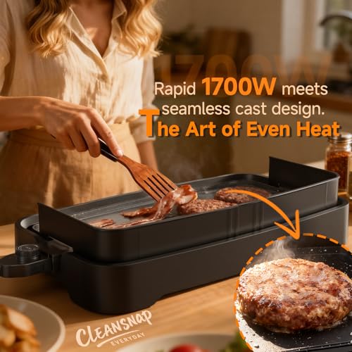 Cleansnap Everyday Electric Griddle, 20” Nonstick Grill with Foldable Anti-Mess Shield, 1700W Fast Heating, ILAG Ultimate Coating, Dishwasher-Safe Removable Plate, Midnight Black - color: Midnight Black