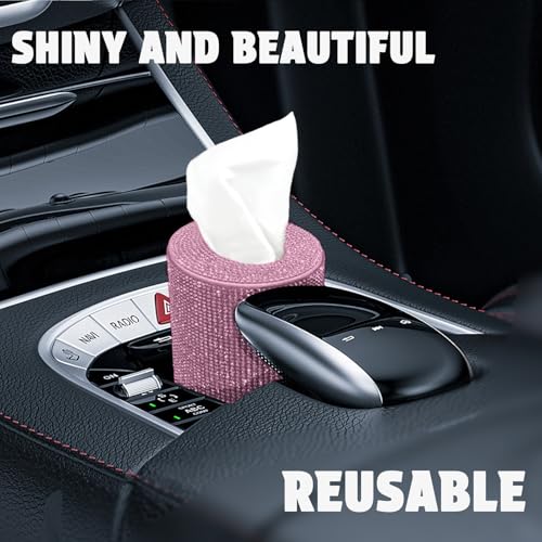 Bling Car Tissue Holder for Cup Holder – Sparkly Rhinestone Round Tissue Dispenser with 1 Pack Tissues – Fits Standard Auto Cup Holders – Stylish Car Interior Accessory for Women(Pink) - color: Pink