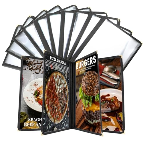 8.5 x 11 Inch Menu Covers 10 Pack Double Stitched Menu Sleeves 4 Pages / 8Views Menu Holder Crystal Clear Vinyl Protection Easy-Insert Design for Bar Cafe Restaurant Menu Covers - size: 10 Pack (4 Page, 8 View)