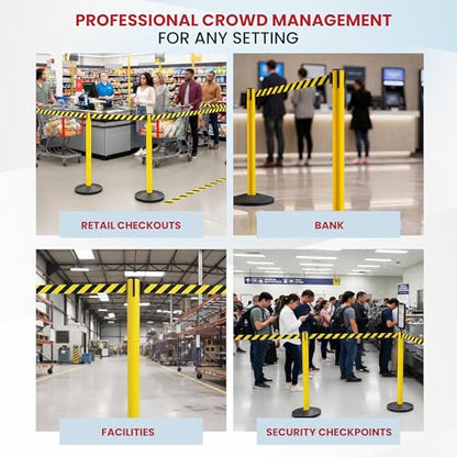 Crowd Control Warehouse 2-Pack Retractable Belt Stanchion Barriers, 11 Ft - color: Black/Yellow Belt, Yellow Post
