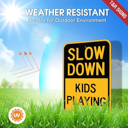 T&R (2 Pack) Slow Down Kids Playing Sign, 18" x 12" Engineer Grade Reflective Sheeting, Rust Free Aluminum, Weather Resistant, Waterproof, Fade Resistant, 2 Pre-drilled Holes - color: 18" x 12" - 2 Pack - Slow Down Kids Playing