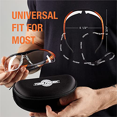 ToolFreak Safety Glasses, Wraparound Lens, ANSI z87.1, Impact Protection, U6 UV, Neck Cord and Microfibre Pouch,(Agent) - style: Clear Lens, Neck Cord + Hard Case