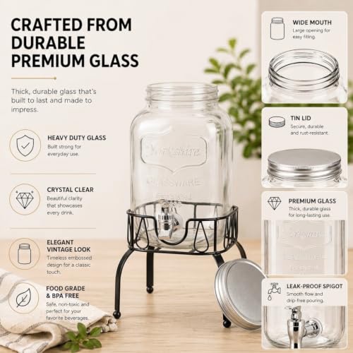 Estilo Gallon Drink Dispenser with Stand - Glass Beverage Dispenser with Stand for Weddings - Sun Tea Jar with Spigot 1 Gallon - Countertop Glass Water Dispenser for Lemonade and Parties - size: 1 Gallon, style: Single w/ Stand