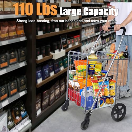 Whitmor Utility Folding Shopping Cart, 115L Heavy Duty Grocery Cart with Double Basket, 360° Swivel Wheels, Foldable Rolling Utility Trolley, 110 Lbs Capacity for Grocery, Laundry, Travel, Sliver - size: 21.29"L x 21.65"W x 36.2"H, Sliver