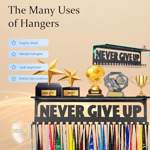 iBobbish Metal Medal Hanger Display,Non-Slip Trophy Shelf with 20 Hooks,Wall Mount,Heavy Duty,Non-Bent,Holds 22-33lbs,for Gymnastics,Race,Soccer,Swim - color: Black, style: NON-SLIP NEVER GIVE UP