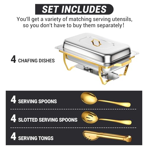 Chafing Dishes for Buffet, 8 Qt Food Warmers 4 Pack 4 Pans Half Gold - color: Half-Gold