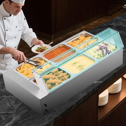VEVOR Commercial Food Warmer, 1500W Electric Stainless Steel Steam Food Warmer with Glass Cover, 6 x 1/2 Size Pans Buffet Bain Marie with Soup & Perforated Ladles, for Catering, Restaurant & Party - size: 6x1/2Pan ;72QT