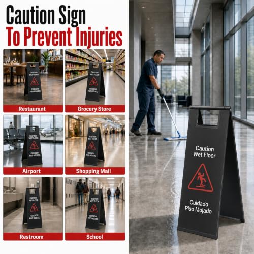 2 Pcs Stainless Steel Wet Floor Sign 24 Inch Caution Sign Black - color: Black