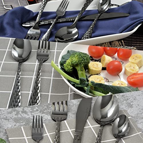 Hammered Silverware Set for 4, 20-Piece Black Flatware, 18/10 Stainless Steel Include Knife/Fork/Spoon, Tableware for Kitchen Restaurant, Dishwasher Safe (Black) - color: Black
