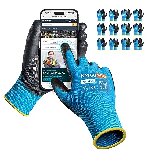 KAYGO Safety Work Gloves, PU Coated, 2-Finger Touchscreen, KG11P - color: Blue (Touch Screen), size: Large