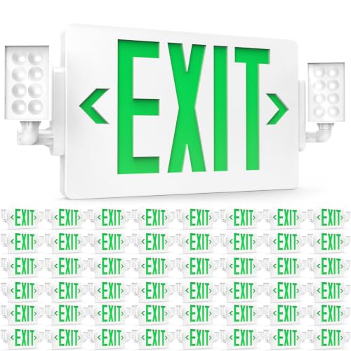Sunco 48 Pack Green LED Exit Sign with Emergency Lights, Two Adjustable Head Lights, Backup Battery, 94V-0 Fire Resistant, 120-277V, Wall or Ceiling Mount, Commercial Grade, UL - size: 48 Pack