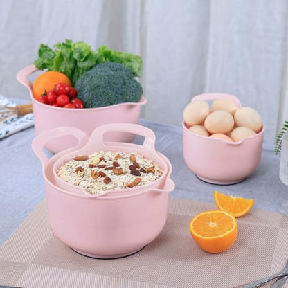 BoxedHome 4 Pack Nesting Mixing Bowl with Pour Spout and Handle, BPA free Microwave & Dishwasher Safe(Pink, 4 Pack with Handle) - color: Pink