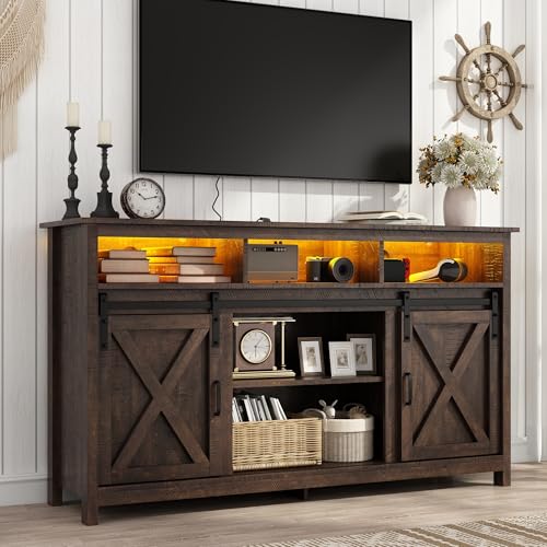 Vinctik 6&Fox 57In Wooden Farmhouse Entertainment Center for 60/65 inch TV,Double Layer Storage Farmhouse TV Stand,Double-Row Sockets with Wood Sliding Barn Door TV Stand(Double Layer Rustic Brown) - color: Rustic Brown, size: 57in