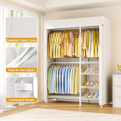 ULIFHOME F2C Clothes Rack with Beige Cover, 47.2" W x 16.5" D x 78.3" H - color: White Closet with Beige Cover