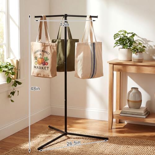 LEIFIDE 48 x 26.5 3-way Straight Arm Bag Rack Stand with Storage Bag Heavy Duty Metal Shopping Garment Rack Tote Bags Holder Stand for Vendor Retail Store Craft Fair Mall Boutique Trade Show (Black) - color: Black