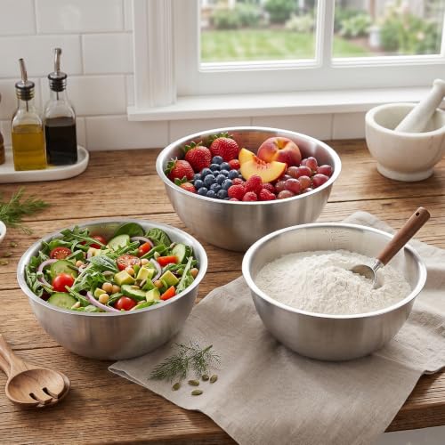 3 Pcs Stainless Steel Mixing Bowls (7.1") with Silicone Spatula, Metal Bowl Set with Measurement Marks, Reusable & Stackable Baking Food Storage Containers for Kitchen Salad Making, Meal Prep