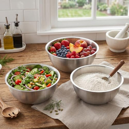 3 Pcs Stainless Steel Mixing Bowls (7.1") with Silicone Spatula, Metal Bowl Set with Measurement Marks, Reusable & Stackable Baking Food Storage Containers for Kitchen Salad Making, Meal Prep