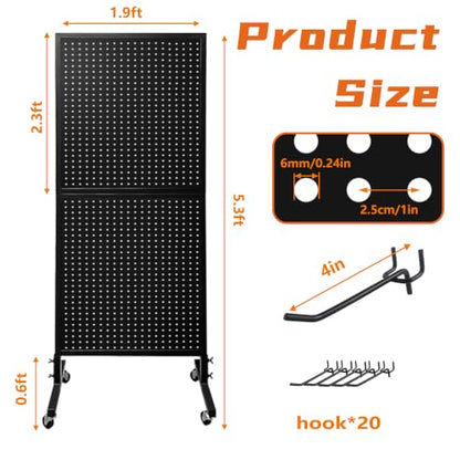 Royxen 5.3 x 1.9 Ft Standing Pegboard Display with T-Base, Locking Wheels and 20 Hooks, Metal Peg Board Display Stand for Craft Shows, Vendors and Retail Stores, Black - color: Black