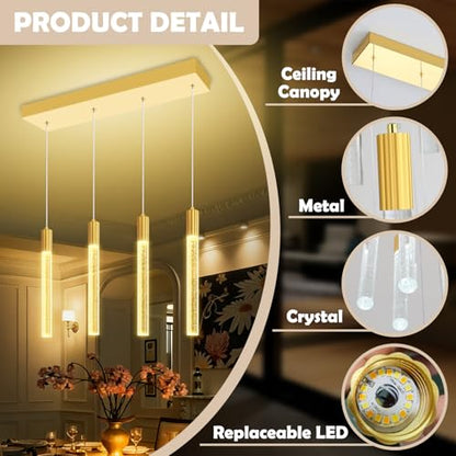Modern 4-Light Gold Crystal Column Pendant Light Rectangular Crystal Chandelier LED Hanging Light for Dining Room Living Room, Hallway, Bedroom - color: Gold, size: Rectangle 4-Light