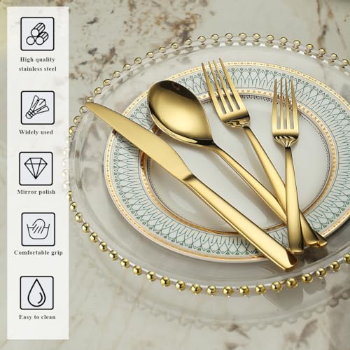 Berglander Gold Silverware Set 48pcs Service for 12, Golden Titanium Plating Stainless Steel Flatware Set, Gold Spoons Forks Knives Set for Home, Wedding, Restaurant, Hotel, Dishwasher Safe - color: c. 48 Pcs