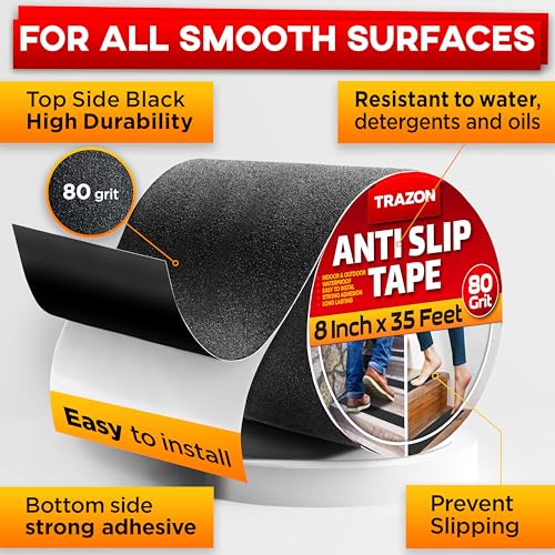 Grip Tape - Heavy Duty Anti Slip Tape for Stairs Outdoor/Indoor Waterproof 8Inch x 35Ft Safety Non Skid Roll for Stair Steps Ramp Traction Tread Staircases Grips Adhesive Non Slip Strips Walk Black - color: Black, size: 8 Inch x 35 Feet
