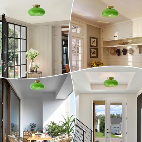 Green Ceiling Light - Mid Century Modern Flush Ceiling Light with Milk Glass Globe and Dark Green Lamp Shade in Brushed Brass Close to Lamp for Dining Room Hallway Kitchen Island - color: Flush-Green