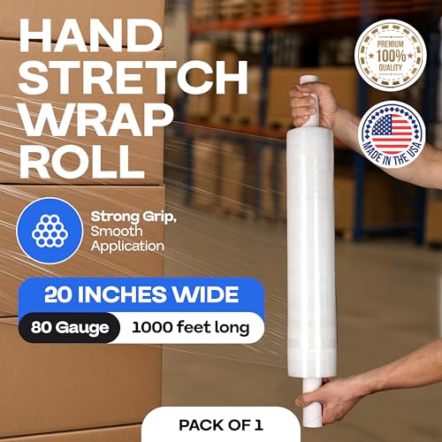 IDL Packaging 20" x 1000' 80G Hand Stretch Wrap Roll w/Handles - USA-Made - size: 20" X 1000' (Extended Cardboard Handle)