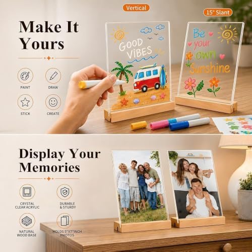 5x7 Acrylic Sign Holder with Wooden Base 4 Pack Adjustable Vertical/Tilt - color: Natural, size: 5"x7"