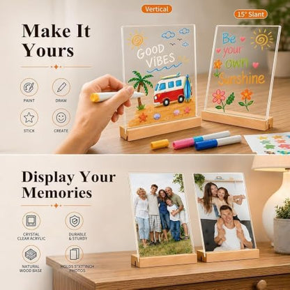 5x7 Acrylic Sign Holder with Wooden Base 4 Pack Adjustable Vertical/Tilt - color: Natural, size: 5"x7"