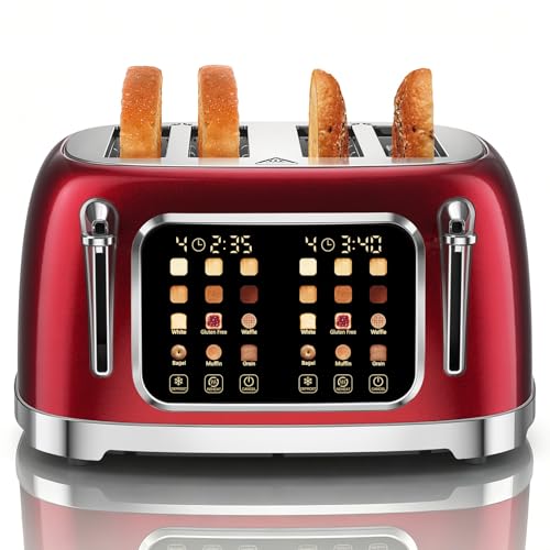 RONGBEST Retro 4 Slice Stainless Steel Toaster with Wide Slot Touch Screen for Family Breakfast, Reheat & Defrost, 6 Browning Levels for Bagel & Bread, Easy Removable Crumb Tray, Red Pearl - color: Red Pearl
