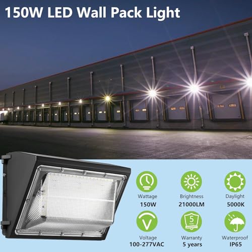 4PACK Dusk to Dawn 150W LED Wall Pack Light Fixture, 19500LM 800-1000W HPS/HID Equivalent, 5000K Daylight Commerical/Industrial Outdoor Security Lighting, ETL for Parking Lot,Warehouse,Entrance - size: 150W