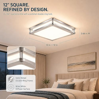 12Inch 36W Square LED Flush Mount Ceiling Light Fixture (450W Equiv), 3600LM Modern Dimmable LED Ceiling Lights, 2700K-6500K 5CCT Adjustable Brushed Nickle Ceiling Lamp for Living Room Kitchen, 1 Pack - color: Brushed Nickle, size: 1 Pack