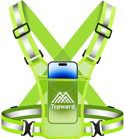 Topward Running Vest Chest Phone Holder for Women Men, Reflective Vest Safety Gear for Dog Walking Cycling - Adjustable Waist/Shoulder - color: Green