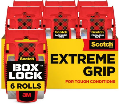 Scotch Box Lock Packing Tape,Clear,Extreme Grip Box Packaging Tape for Shipping and Mailing,1.88 in. x 22.2 yd.,6 Rolls with Dispensers,(Pack of 6) - size: 6 Rolls (Pack of 6)