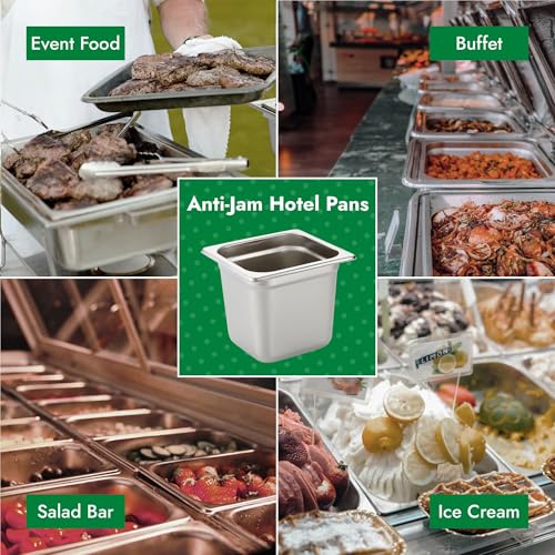 HECMAC 6 Pack Anti-Jam Hotel Pans, 1/6 Size 6 Inch Deep, Commercial Stainless Steel Chafing Steam Table Pan, Catering Storage Metal Food Pan, 23 Gauge - size: 1/6 Size, 6" Deep