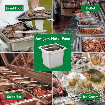 HECMAC 6 Pack Anti-Jam Hotel Pans, 1/6 Size 6 Inch Deep, Commercial Stainless Steel Chafing Steam Table Pan, Catering Storage Metal Food Pan, 23 Gauge - size: 1/6 Size, 6" Deep