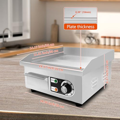 14" Commercial Electric Griddle,Electric Countertop Flat Top Griddle,110V 1500W Electric Flat Top Grill,Non-Stick Restaurant Teppanyaki Stainless Steel Grill,Adjustable Temperature Control - style: 14''