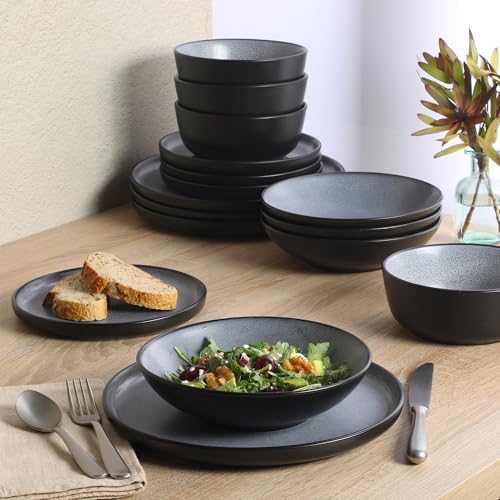 Gibson Elite Tribeca Loft 16-Piece Dinnerware Set – Matte Black and Blue Reactive Glaze Stoneware, Double Bowl Round Plates and Bowls – Modern Rustic Dinnerware for 4, Dishwasher & Microwave Safe - color: Matte Black & Blue (Tribeca Loft)
