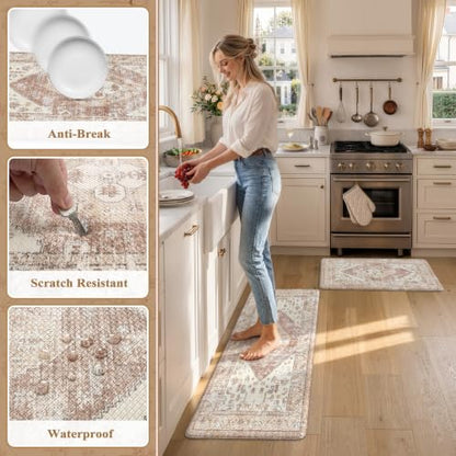 KIMODE Farmhouse Kitchen Mats Cushioned Anti Fatigue Khaki Kitchen Rugs 2Pc - color: Light Khaki, size: 17.3" x 47 "+ 17.3" x 29 "--0.47 inches