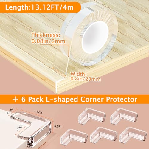 Clear Edge Protector Strip,Corner Protectors with 6 Furniture Corner Guards - size: 0.8in x 13.12FT, 1 Roll, 6 Corners