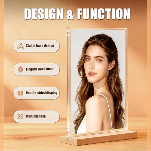 4×6 inch Acrylic Table Top Sign Holder with Beech Wood Base – Double-Sided Menu Display Stand, QR Code Frame, Small Table Sign for Restaurant & Wedding(6pack)